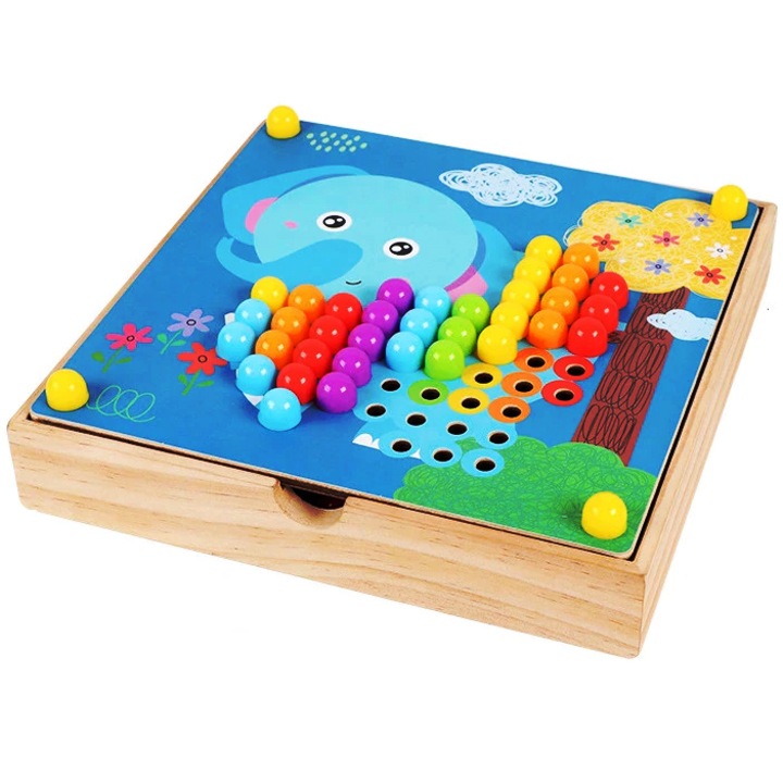 Joc Puzzle creativ Montessori din lemn, Mozaic, roti zimtate si planse, 196 de piese