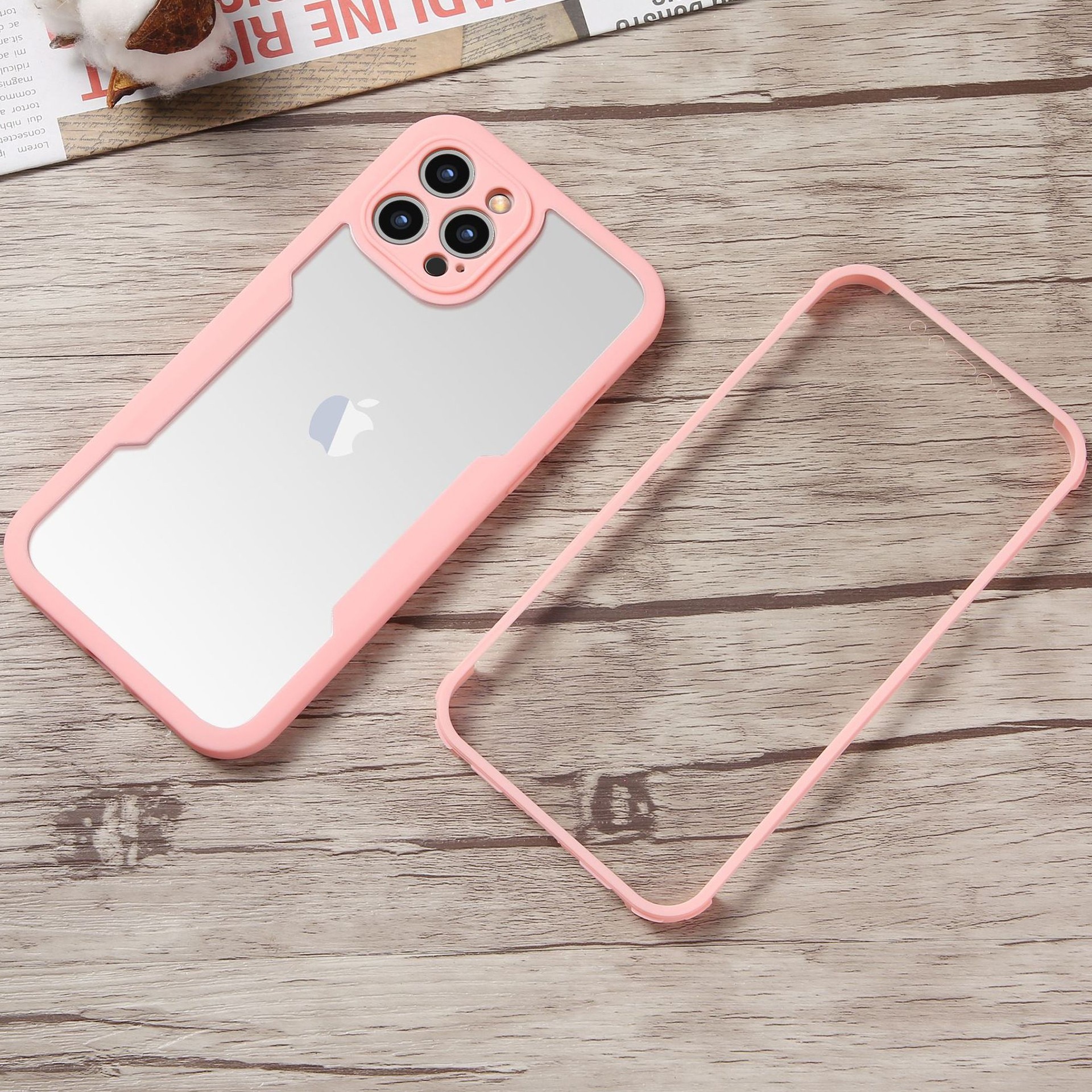Husa Max Defence pentru iPhone 12, Bumper Roz, Fata Dubla Transparenta, Protectie Antisoc Full 360 ( fata, spate, margini ), By Fitilomania