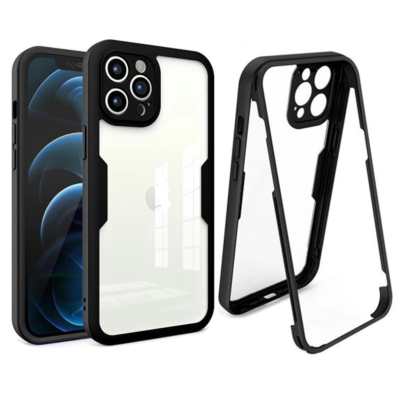 Husa Max Defence pentru iPhone 13 Pro Max, Bumper Negru, Fata Dubla Transparenta, Protectie Antisoc Full 360 ( fata, spate, margini ), Flippy