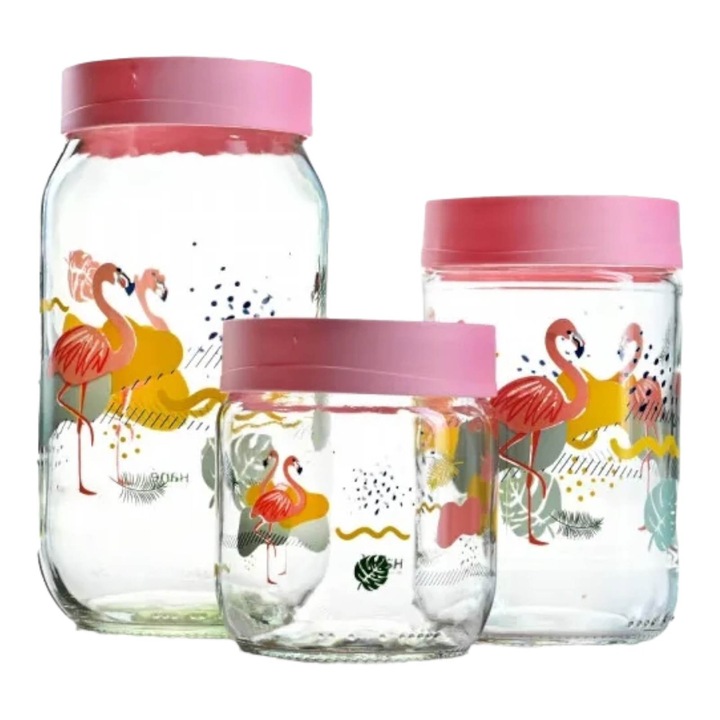 Set 3 recipiente pentru depozitare alimente, sticla, 425 ml, 660 ml, 1000ml, Flamingo