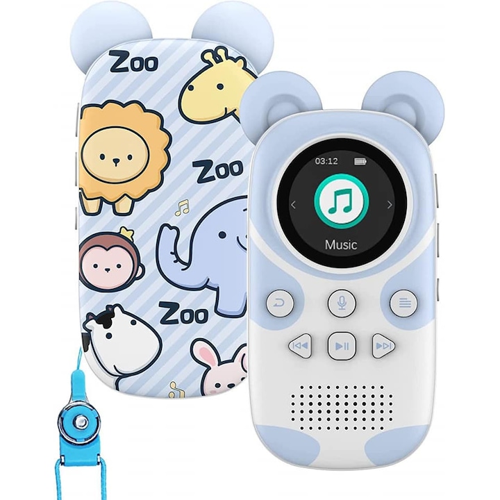 MP3 Player 16 GB pentru copii, cu Bluetooth 5.0, Difuzor, Radio FM, Ceas cu alarma, Inregistrare cu un singur buton, functie cronometru, suporta card pana la 64 GB