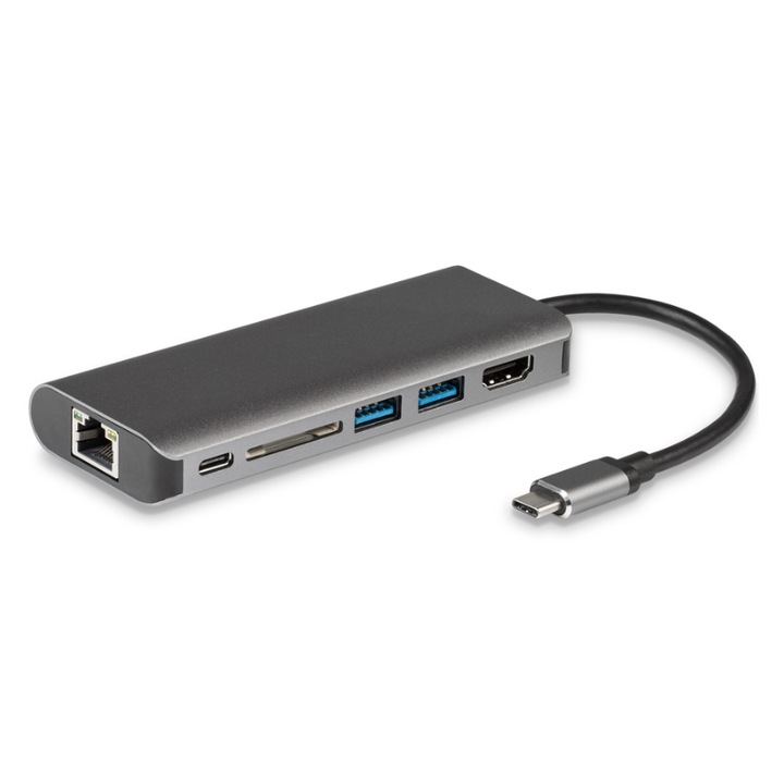 Докинг станция PowerTech, USB-C, 4K, сребриста