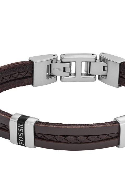 Fossil, Bőr karkötő logós rozsdamentes acélrészlettel, Sötétbarna, Ezüstszín