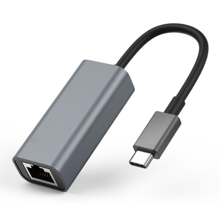 Адаптер PowerTech, USB Type-C към Ethernet RJ45, сив