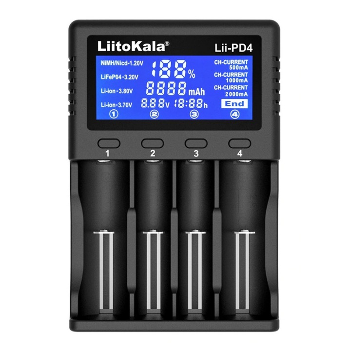 Incarcator pentru 4 baterii LII-PD4, Liitokala, Compatibil cu baterii NiMH/CD, Li-Ion, IMR, Negru