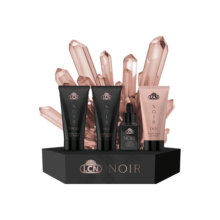 Set cu 48 bucati de produse pentru ingrijirea mainilor si picioarelor Noir, Ulei pentru unghii Épices 8 ml, Crema de maini Épices 30 ml, Crema de maini Oud 30 ml, Crema de picioare Oud 30 ml