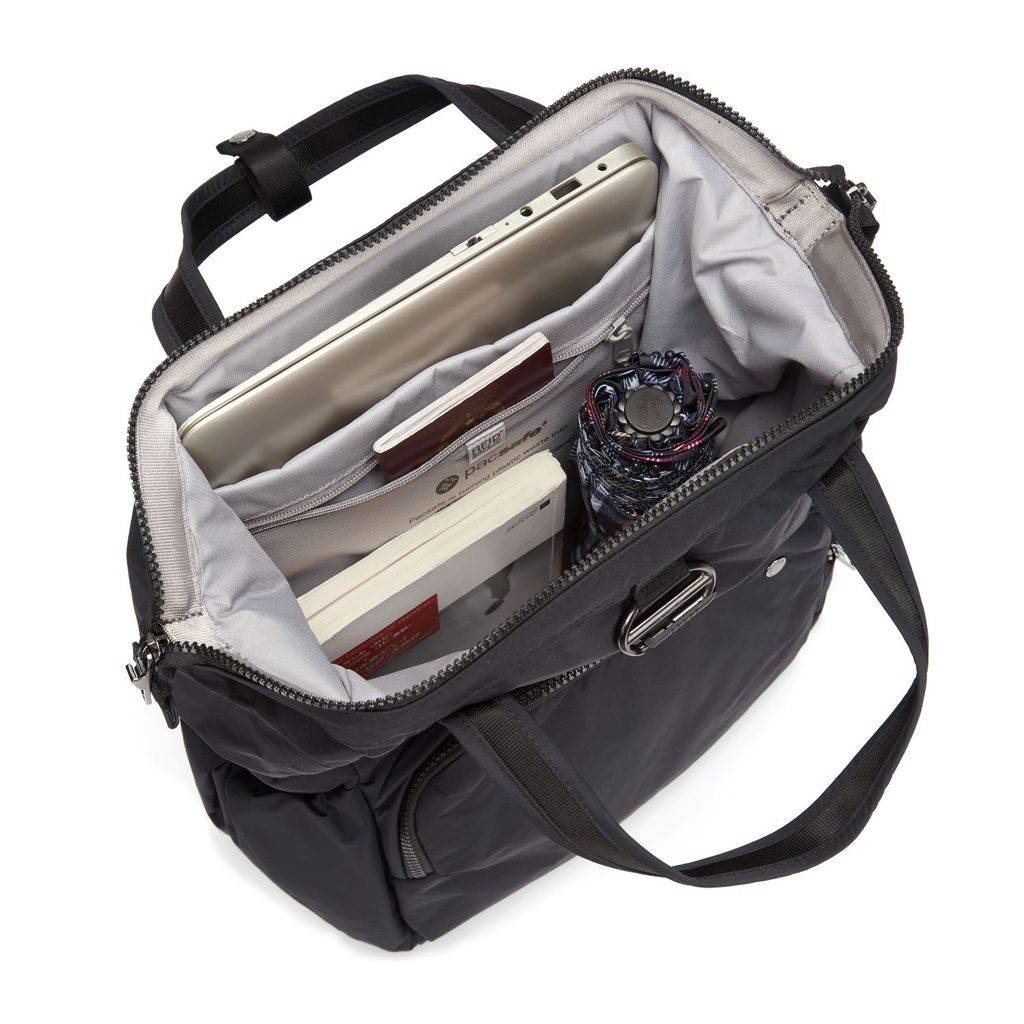Rucsac antifurt Pacsafe Citysafe CX 17L, din nailon, de culoare neagra, pentru laptop de 13 inch, 39x28x16 cm. Ideal pentru calatorii si oras, cu tehnologie avansata antifurt
