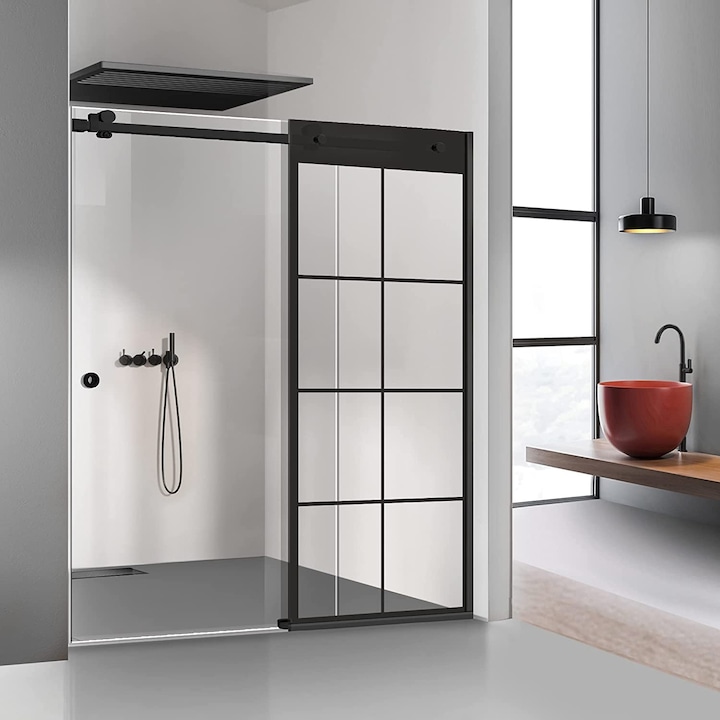 Perete dus cu usa glisanta Glissando Simple Black, model Mode negru, feronerie full inox negru mat, sticla clara, securizata, pentru gol intre 150-160 cm, inaltime 205 cm
