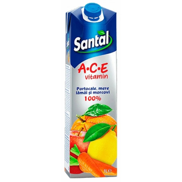 Негазиран сок Santal Ace Vitamin 100%, с вкус на портокали, ябълки, лимони и моркови, количество 1000 мл