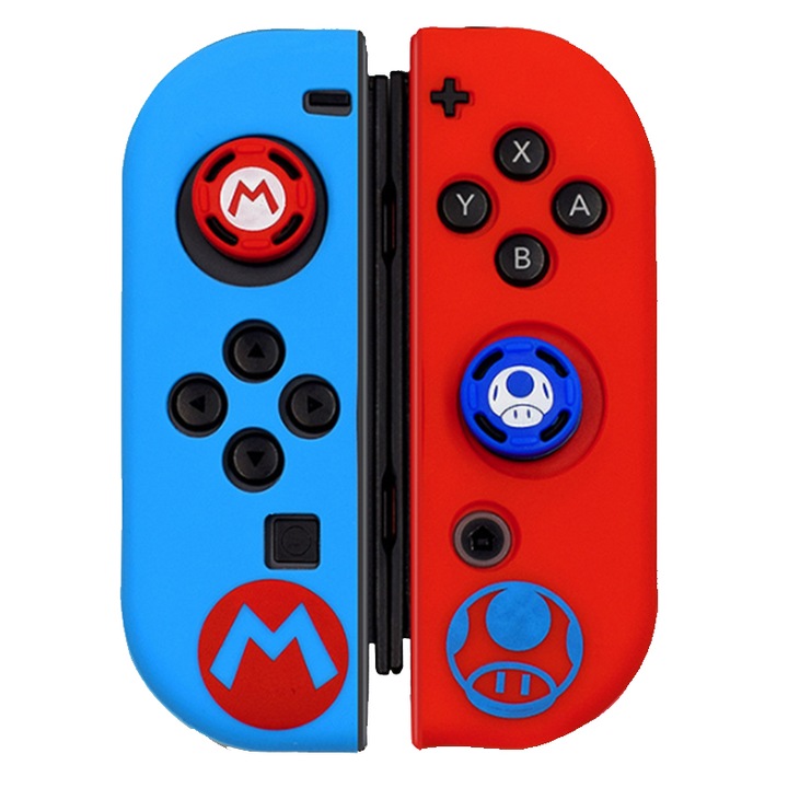 Set 2 carcase protectie joystick, Mario, Silicon, Compatibil cu Nintendo Switch, Albastru/Rosu