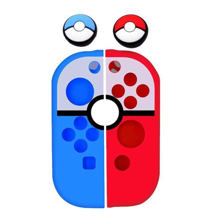 Set 2 carcase protectie joystick, Pikachu, Silicon, Compatibil cu Nintendo Switch, Rosu/Albastru