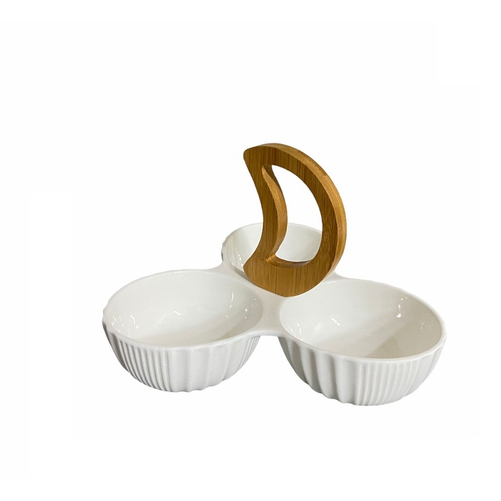 Platou ceramica, cu maner de lemn, 3 compartimente, alb, 18X22X16 cm