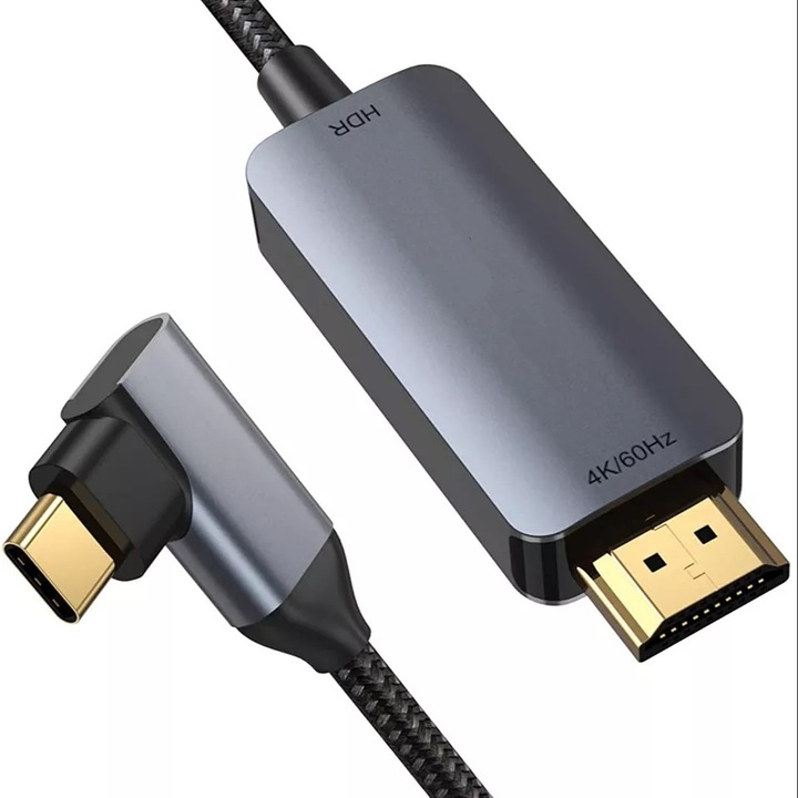 Кабел RikBo, USB Type C към HDMI, 4K при 60 Hz, Прав ъгъл, Поддържа на HDR, 18 Gbps, 1.8 м