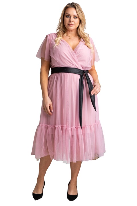 Rochie tul cu volane Asia, Karko, Poliester, Roz pudrat