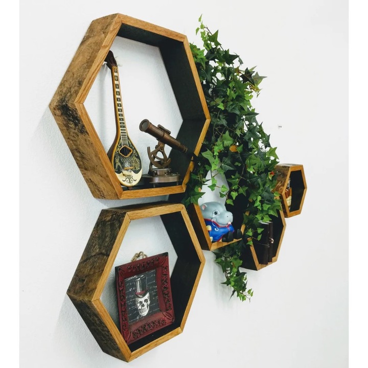 Set 5 rafturi hexagonale din lemn cu prindere ascunsa, Austin, nuc