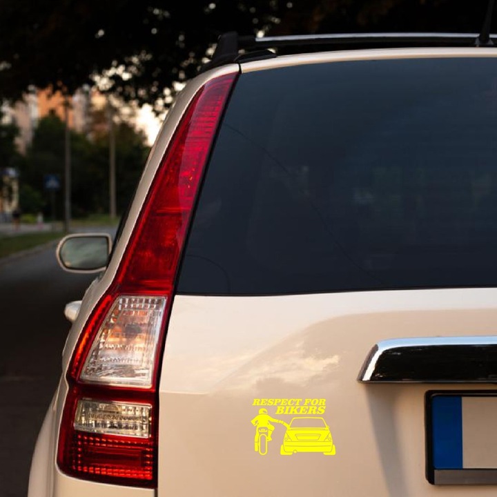Sticker decorativ perete, auto si geam, Respect for bikers, solenza, Galben, 25 cm