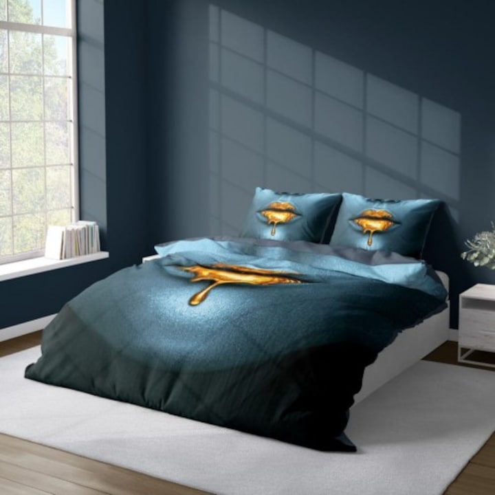 Lenjerie de pat, Detexpol, Microfibra, 160x200 cm, Albastru/Auriu