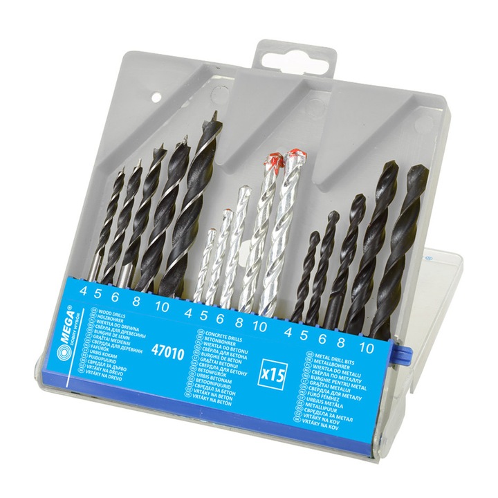 Set 15 burghie 47010, Mega, 4-10 mm, Pentru fier/lemn/beton