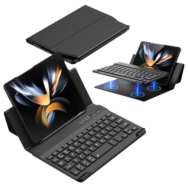 Кожен калъф за телефон, Съвместим със Samsung Galaxy Z Fold 4, Поддръжка на S Pen, С клавиатура, Черен