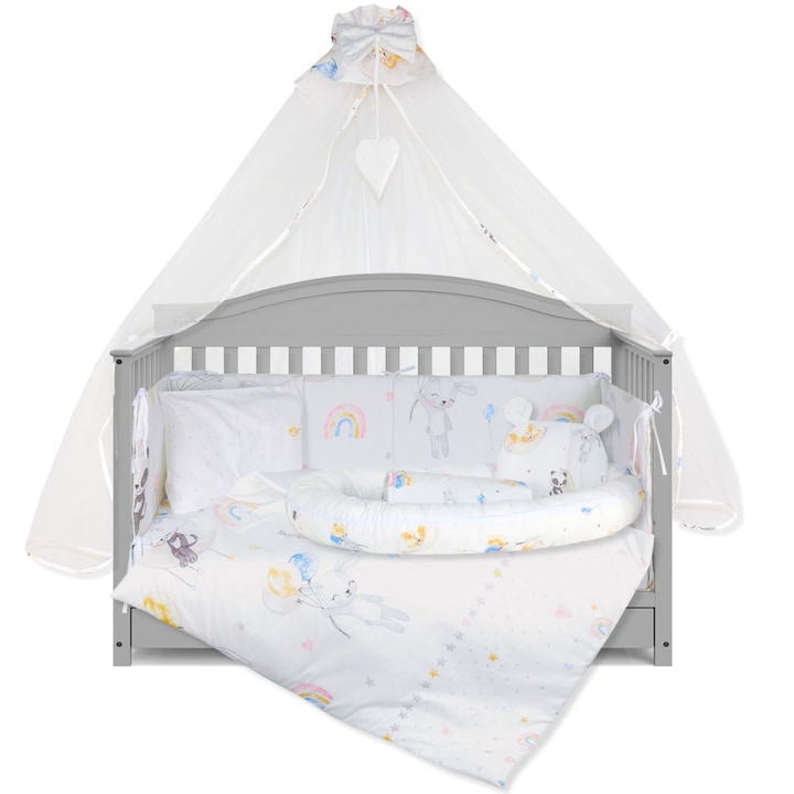 Set Lenjerie cu Baldachin si Baby Nest, 10 piese 60/120 cm, bumbac 100%, Bunny - Alb/Multicolor