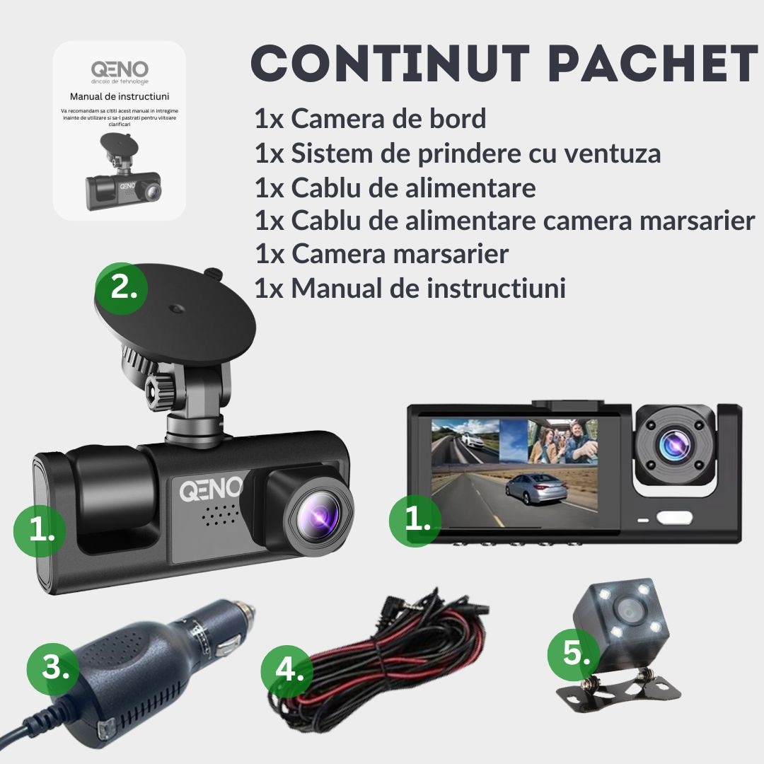 Camera Auto DVR Tripla Qeno® TRIO, Camera de bord cu 3 Camere Camera Auto DVR Tripla Qeno® TRIO, Camera de bord cu 3 Camere