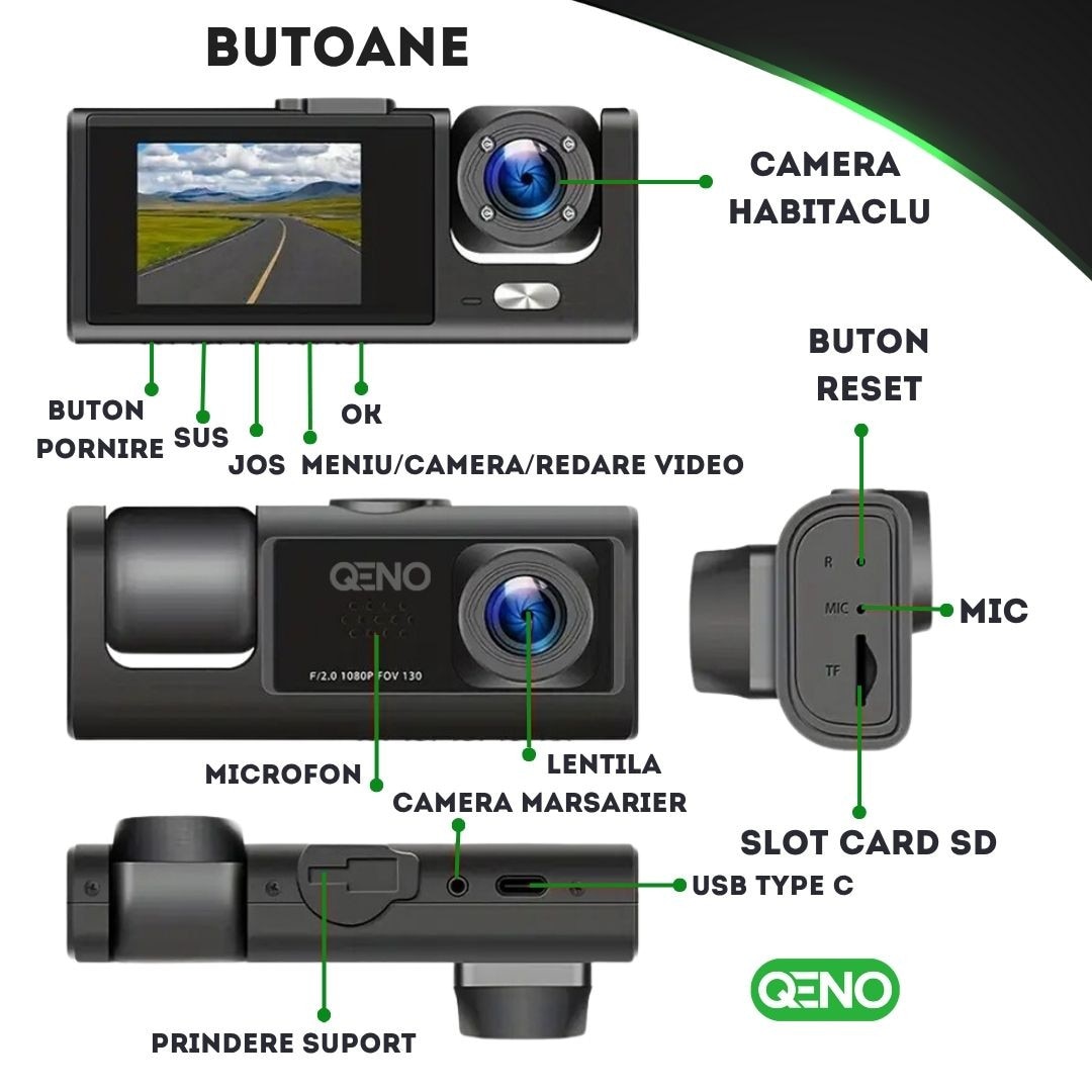 Camera Auto DVR Tripla Qeno® TRIO, Camera de bord cu 3 Camere