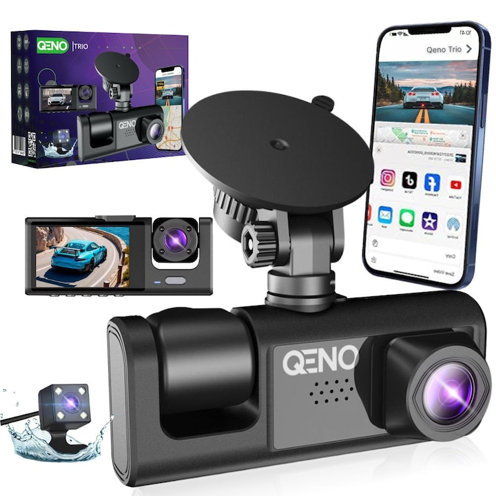 Camera Auto De Bord DVR Qeno® TRIO Camera High PRO Full HD 1080P, 3 Lentile, Camp Vizual Ultra-Larg De 170°, IPS Display 2", Night Vision, Inregistrare Dubla, Loop Recording, G-sensor, Detectare Miscare, Negru Mat