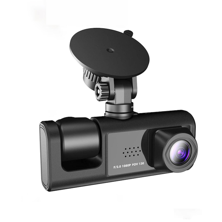 Camera Auto De Bord DVR Qeno® TRIO Camera High PRO Full HD 1080P, 3 Lentile, Camp Vizual Ultra-Larg De 170°, IPS Display 2