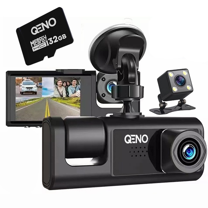 Камера за кола Qeno® TRIO High PRO, DVR, Full HD 1080P, 3 лещи, 170° ултрашироко зрително поле, IPS дисплей 2", Нощно виждане, Двоен запис, Цикличен запис, G-сензор, Сензор за движение, Черен