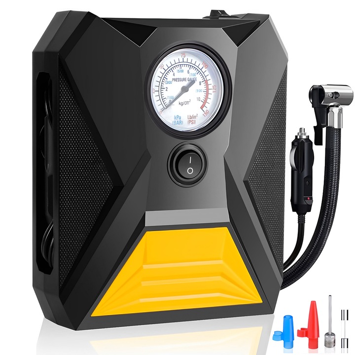 Автомобилен компресор BYONDSELF, С LED светлина, 12V, 120W, 10 bar/150 PSI, 3м, 15х17.8cм, Черен