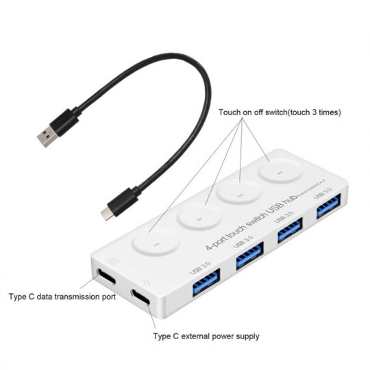 Hub, Двупосочен, С ON/OFF сензорен бутон, 4 x USB. 3.0, USB Type-C ...