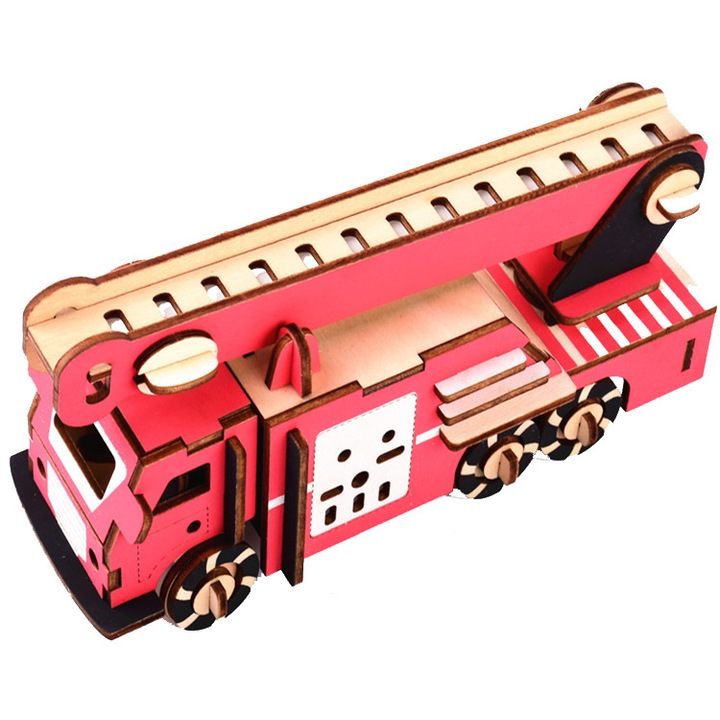 Puzzle masina de pompieri, KinderPub, Lemn, 18.7x6.8x9.1 cm, 3D, Multicolor