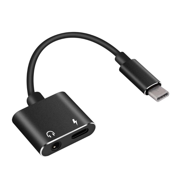 Adaptor, PowerTech, USB-C/3,5 mm Jack, Negru