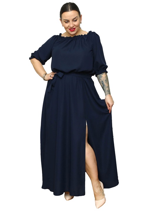 Rochie spaniola cu fanta Astra, Karko, Poliester/Elastan, Bleumarin