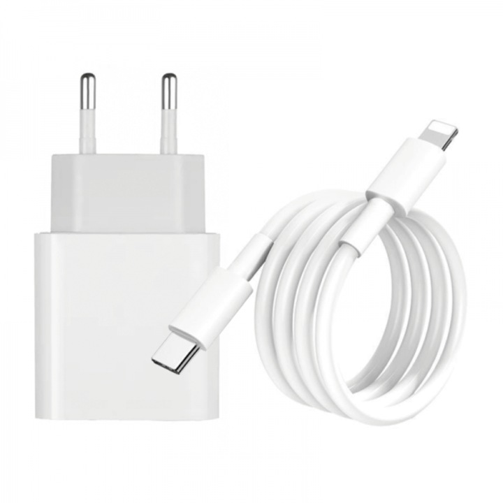Комплект 2 в 1 Type-C 20W зарядно и USB Type-C PD кабел за зареждане/пренос на данни - тип Lightning, 1m, бял