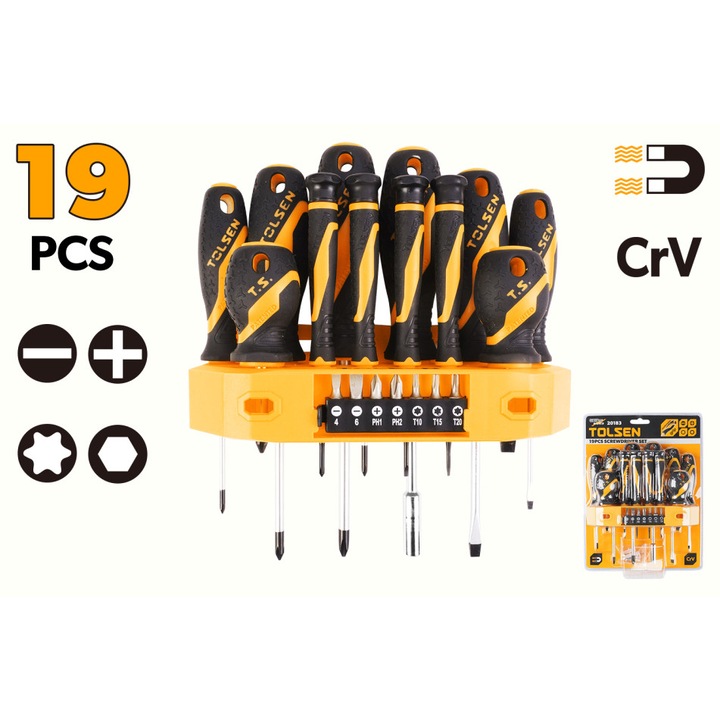 Комплект отвертки с опора 19 части GRIPro, Tolsen