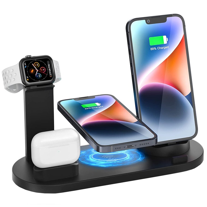 Incarcator wireless, 6in1, Incarcare rapida, 10W, Compatibil cu Apple/Huawei/Xiaomi/Samsung, Negru