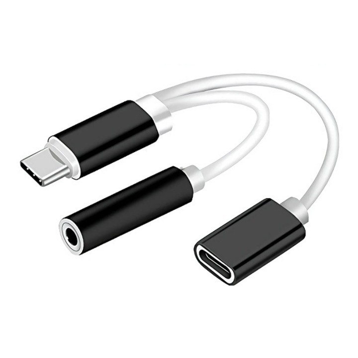Адаптер, PowerTech, USB-C/USB-C/3.5 mm, Бял