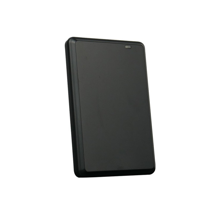 Cititor de carduri RFID, cu fir, citire automata, confirmare luminoasa si sonora, interfata USB, frecventa 125 kHz, sursa de alimentare USB DC 5V, lungime cablu 140 cm, dimensiuni 105 x 68 x 10 mm, design elegant, compact, negru, HDWR, HD-RD30