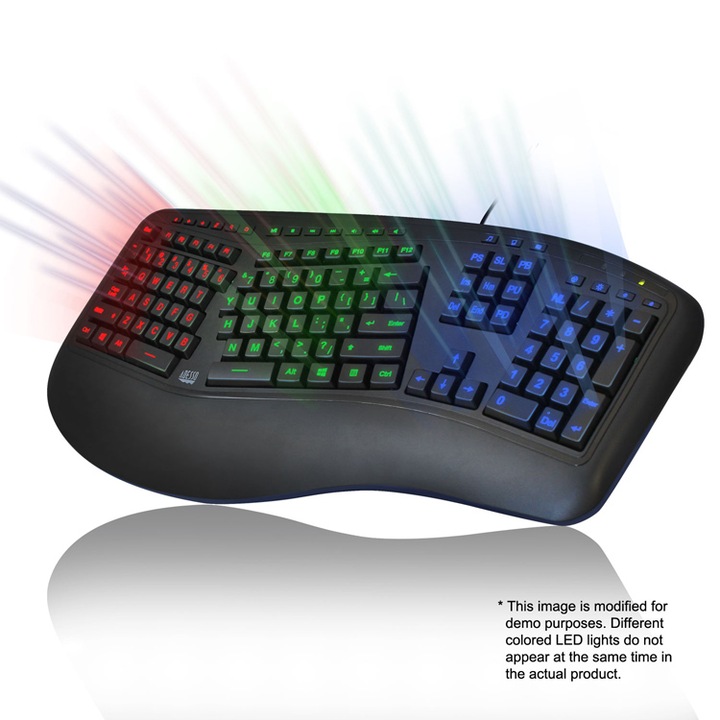 Tastatura ergonomica Adesso Tru-Form 150 cu design iluminat in 3 culori si impartire ergonomica, cablu USB