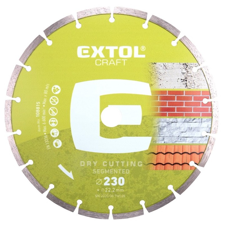Disc de taiere segmentat si diamantat, Extol Craft, taiere uscata, 230x22,2x2,8mm