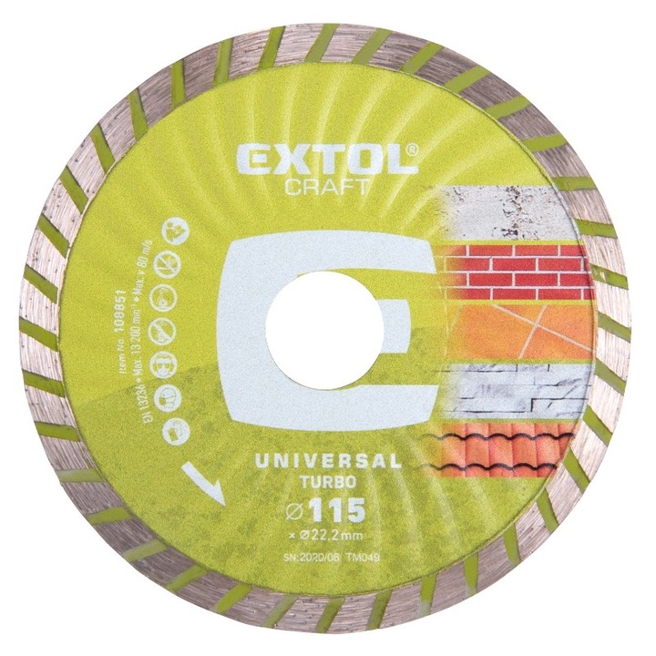 Disc de taiere diamantat, turbo, Extol Craft, taiere uscata si umeda, 115x22,2x2mm