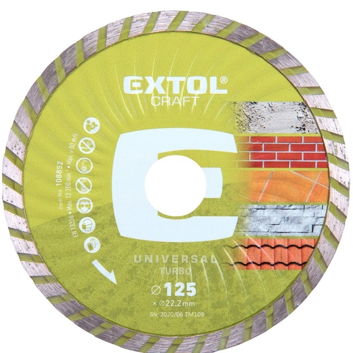Disc de taiere diamantat, turbo, Extol Craft, taiere uscata si umeda, 125x22,2x2mm