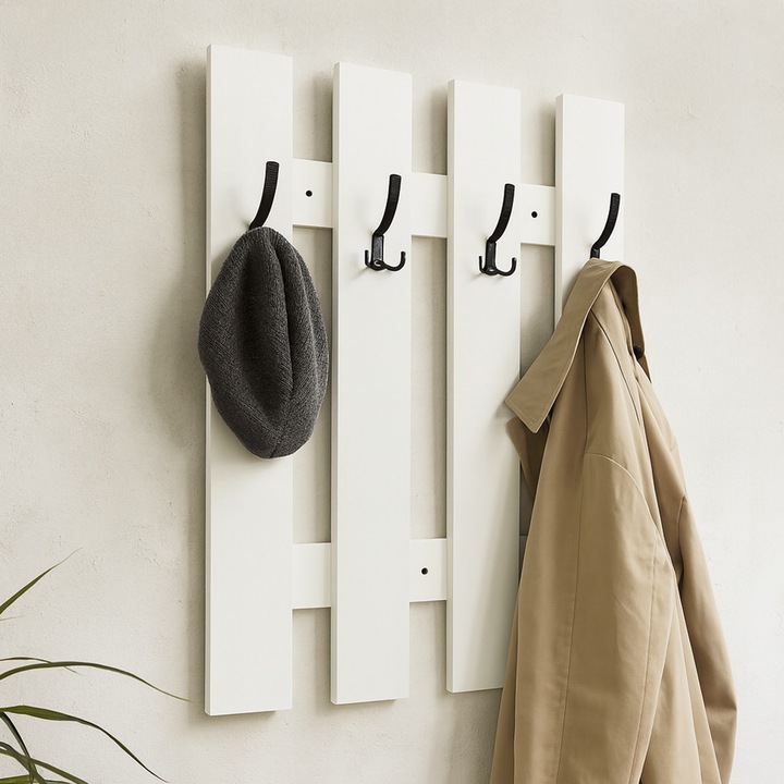 Cuier Hol, CMDesign, Complet Asamblati, 4 Agatatori Mari, Culoare Negru Mat, Accesorii Pentru Prindere Incluse, PAL Alb 18mm, Dimensiuni 100 x 70cm