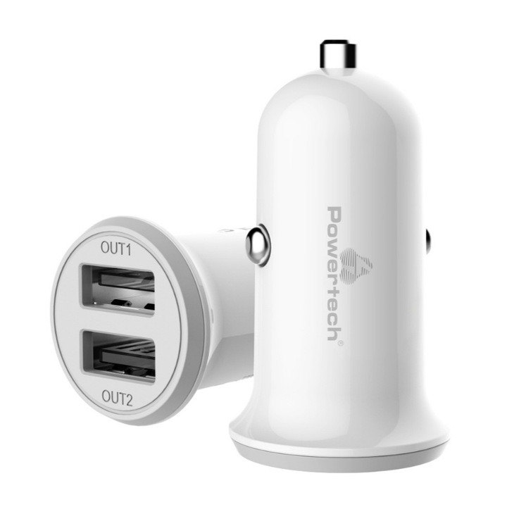 Incarcator auto PT-714, PowerTech, 2xUSB, 3.4 A, Alb