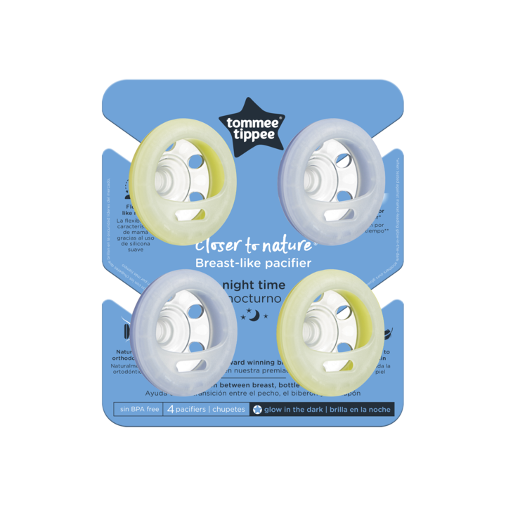 Suzeta de noapte Tommee Tippee Closer to Nature "Breast like pacifier", 0-6 luni , Gri/Galben, 4 buc