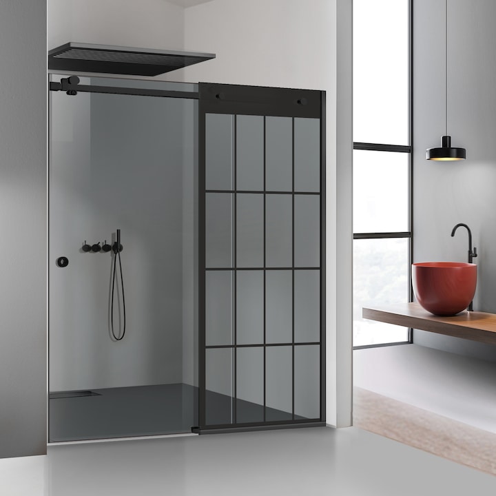 Perete dus cu usa glisanta Glissando Simple Black, model Rank negru, feronerie full inox negru mat, sticla gri, securizata, pentru gol intre 140-160 cm, inaltime 205 cm