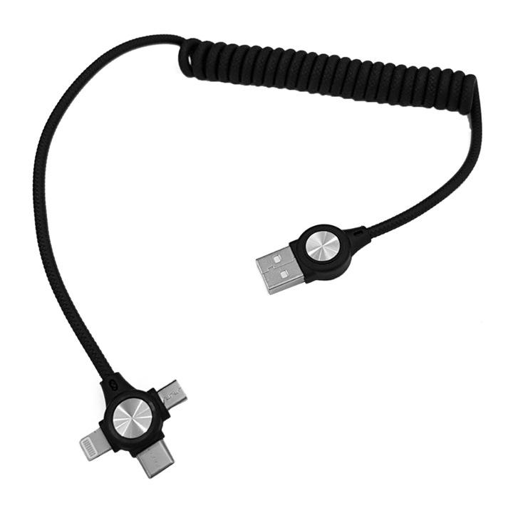 Cablu de date/incarcare, PowerTech, USB/Micro USB/USB-C/8-pin, 1 m, Negru