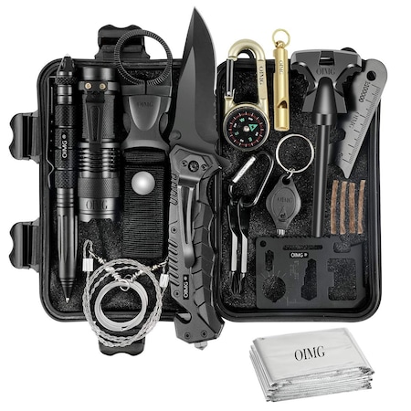 Kit supravietuire 19in1, OIMG, Cutit/Busola/Lanterna/Fluier/Chingi/Paracord, Negru