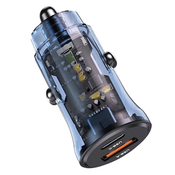 USB-A и USB-C зарядно за кола, бързо зареждане 30 W, съвместимо с автомобилни контакти между 12-24 V, синьо